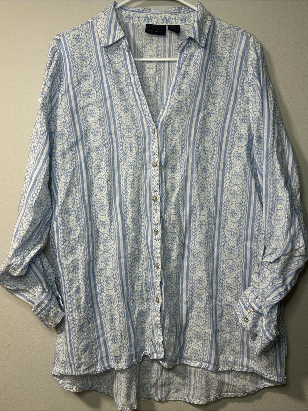 RACHEL Rachel Roy Blue and White Striped Medallion Button-Down Shirt